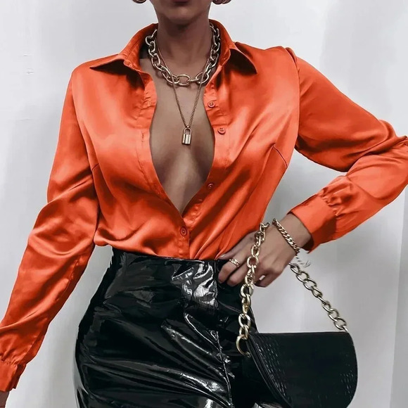 Orange Elegant Women's Satin Button down Shirt - Picture 3 of 6